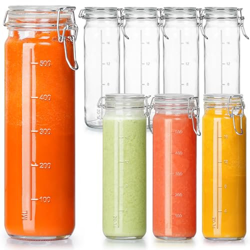 20 oz Glass Jars with Airtight Lids for Vanilla Extract, 8 Pack Glass Juice Bottles with Hinged Lids & Scale Lines, 600 ML Tall Mason Jar for Storage Overnight Oats, Spice, Fruit Extract, Sauce, Water