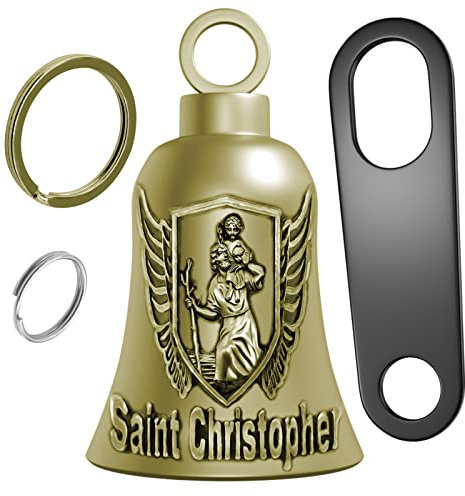 Yuchew Motorrad St. Christophorus Guardian Luck Bell Biker Auto Schlüsselanhänger Ring Zubehör mit Motorrad Glocke Aufhänger, Farbe: Messing, Medium