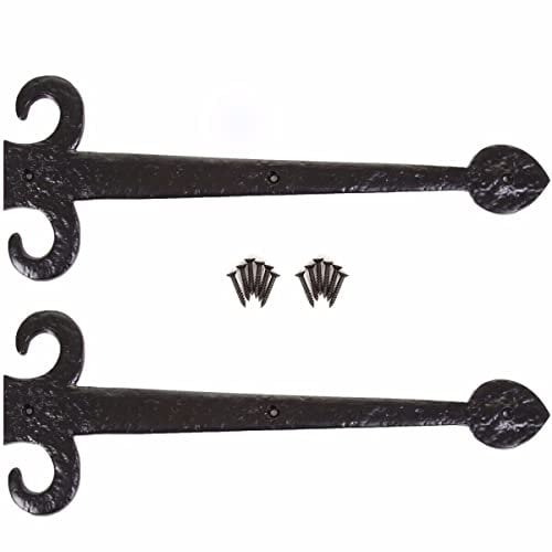 Pair of Black 400mm Decorative Dummy Hinges Vintage Spear Fleur De LYS Style Garage Gate Front Door Shutters Wrought Iron Look with Fixings