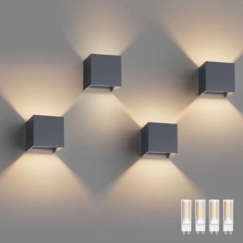 Klighten 4 Pack Wandleuchte mit Austauschbarer G9 LED Lampe Warmweiß 3000K, Aluminium LED Wandlampe Innen/Aussen Einstellbar Abstrahlwinkel aussenbeleuchtung für für Wohnzimmer Garten, Anthrazit