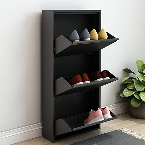 [en.casa] Schuhschrank Sokndal Schuhkipper mit 3 Klappen Metall Schuhkommode für 6 Paar Schuhe 104 x 50 x 15 cm Schwarz
