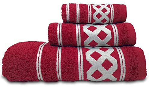 briebe Home Juego de Toallas Baño 100% algodón Rizo 450gr, Set 3 Piezas, Amazonica Basic, 3 Tamaños Ducha Sábana, Manos, Tocador, Cenefa Rombos Bordada, Hecho en Portugal, Burdeos