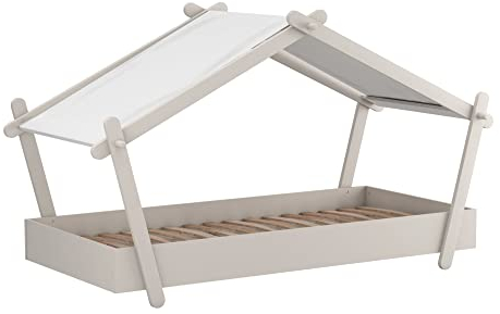 habeig Kinderbett Zelt mit Lattenrost Lodge 90x200cm Jugendbett Hüttenbett Naturweiss #160