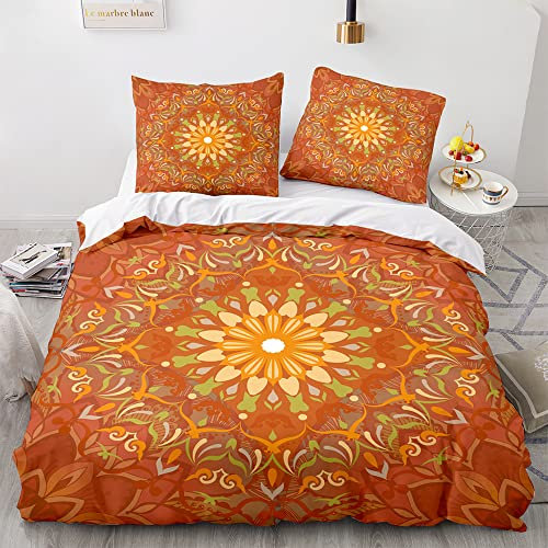 Morbuy Weiche Bettwäsche aus Mikrofaser Bettbezug 135x200 200x200 155x220 220x240 mit Reißverschluss + Kissenbezüge 80x80 cm, Mandala Drucken Bettwäsche-Set (135x200cm,Orange)