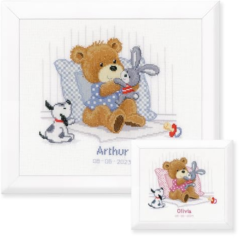 Vervaco Gezählter Kreuzstich Stickpackungen Stickset Baby Geburt Bär, Hase und Hund Wanddekoration Handarbeit Set für Erwachsene Kreatives Handwerk ca. 25 x 21 cm Geburt Geschenk Hausdeko