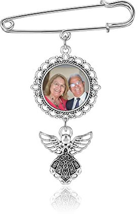 Zysta Personalisierte Pin Brosche mit Foto Gravur Vintage Oval Anhänger Memorial Broschen für Hochzeit Boutonniere Brautstrauß Pin Kit (1x Rund mit Schutzengel Anhänger)