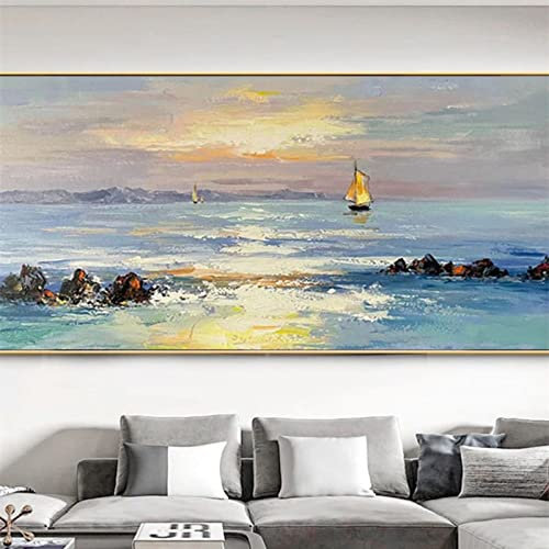 RGVV Tableau Peint A La Main,Original Peint À La Main Peinture À l'huile Océan Voilier Peinture Murale Horizontale Art Moderne sans Cadre Œuvre Texturée Grand Art Mural pour Salon Chambre, 50X100Cm(
