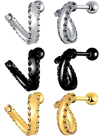 feilok 3 Paar Ohrringe Edelstahl Krake Tentakelring Knorpel Huggie Ohrringe für Damen Mädchen Herren