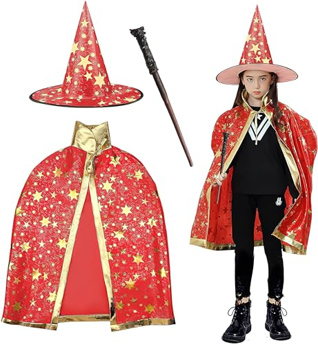 FainFun Hexe Zauberer Umhang mit Hut für Kinder, Wizard Cape Witch Umhang mit Hut, Halloween Hexe Zauberer Umhang, Schwarz, Filz-Bonbontüten, für Kinder Cosplay Party(Rot)