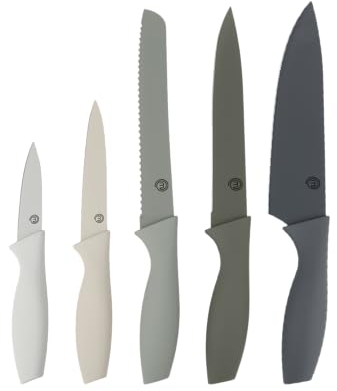 MasterChef Cuchillos Cocina, Set Cuchillo de Chef (Carne, Sierra por Pan, Verduras y Pescados), Colección de Acero Inoxidable con Asas Suaves al Tacto, Multifuncional, 5 Piezas, Gris