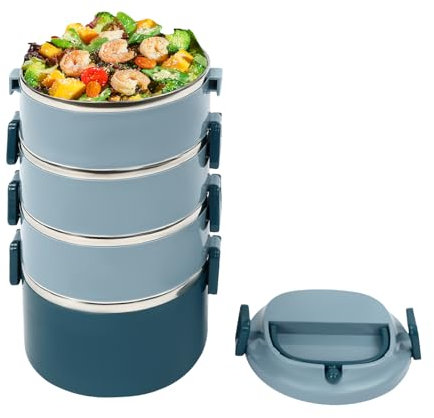 Sindipanda 4-stufige stapelbare Lunchbox 3.1L Rund Vorratsbehälter für Lebensmittel mit Fächern, Kinder Lunchbox für Schulkantinen, Restaurants,Blau