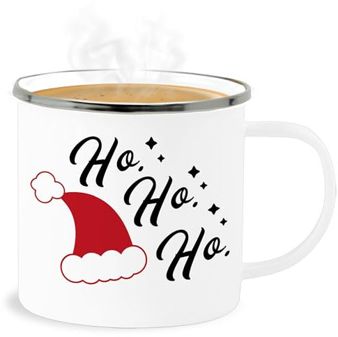 Emaille Becher Blechbecher - Weihnachtstasse Tasse Weihnachten - Ho Ho Ho - Santa Mütze - 300 ml - Weiß Silber - weihnachtstassen christmas weihnachtsmann weihnachtsmotiv weihnachts