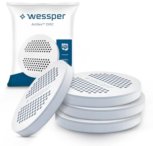 Wessper MicroDisc Water Filter 4-Pack | Replacement Filter Discs for Brita MicroDisc Drinking Bottles and Carafes | Activated Carbon Without Fleece, Microparticles, Reduction of Chlorine and Metals