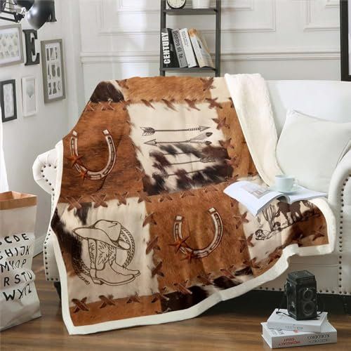 Erosebridal Western-Cowboy-Fleece-Überwurfdecke, 101,6 x 127,7 cm, rustikales Pferd, Cowboy-Geschenke für Kinder, Jungen, Männer, Frauen, Bauernhaus, Rindsleder, Sherpa-Decke, West-Landhaus-Kuh-Druck,
