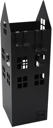 UNUS Regenschirmständer Häuser Wasserauffangschale 4 Haken 16x16x49cm schwarz
