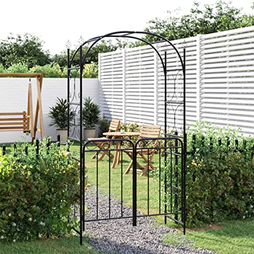 Gaseeto Arco de jardín con puerta, arco para rosas con puerta, color negro, 108 x 45 x 235 cm, acero