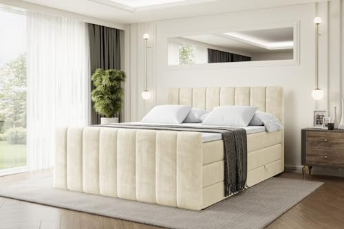 ALTDECOR Boxspringbett mit Matratze und Lattenrost, Topper, Fußteil,Polsterbett mit Bettkasten, Bett mit Stauraum H3- und H4- Matratze, Doppelbett - OTTA-Z King - 200x200 - Beige Monolith