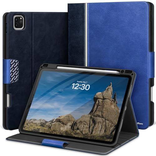 KingBlanc Hülle für iPad Pro 11 Zoll 2024 (M4, 5. Generation) mit Stifthalter, Veganes Leder Schutzhülle, Auto Schlaf/Wach, Unterstützt Pencil Pro und Pencil (USB-C), Blau