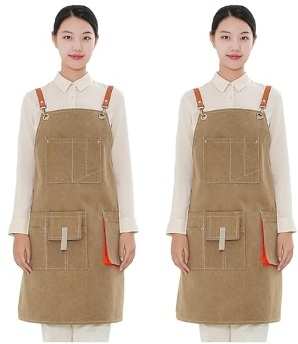 NALSA Delantal de lona para barbacoa con bolsillos para hombres y mujeres, delantal utilitario para carpinteria, peluqueria, trabajos de jardineria, chef de cocina, ajustable,Khaki-2pieces