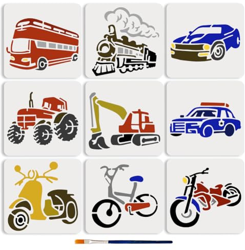 MAYJOYDIY 9 Stück Zeichenvorlage Für Transportautos 15x15 cm Wiederverwendbare Vorlage Bus Traktor Motorrad Schaufel Gabelstapler Fahrrad Dampfzug Malschablone Zum Bemalen von Wänden Heimdekoration