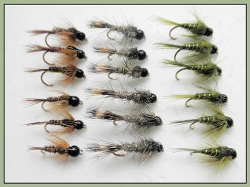 18 BARBLESS Tungsten Bead Trout Flies - Hares Ear, Olives, and Pheasant Tails,