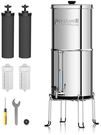 Purewell - Système d'ultrafiltration par Gravité à 6 étapes, avec Indicateur de Niveau d'eau en Verre, Système de Comptoir en acier Inoxydable 304 avec 4 Filtres et Supports, Réduit Fluorure 8,5 L