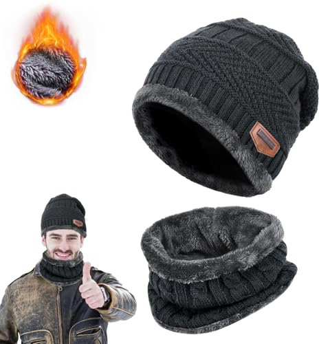 DONGSZQ 2 in 1 Winter Beanie Hut, Schal, Winter Warm Mütze und Loop Schal Set, Beanie Mütze und Loop Schlauchschal, Doppelschichtiger Plüschfutterhut und Halswärmer für Herren und Damen