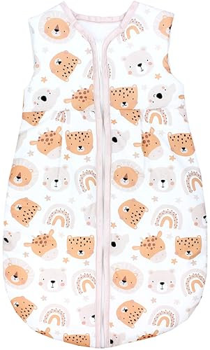 TupTam Schlafsack Baby - Wärmender Ganzjahresschlafsack 2.5 TOG, OEKO-TEX, Ärmellos, Farbe: Tierköpfe Regenbogen beige, Größe: 104-110
