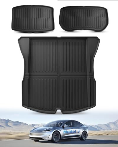[3 Stück] LANGBEAN Kofferraummatte für Tesla Model 3 2024 2025, Kofferraum Schutzmatte Vorne und Hinten Original Model 3 Highland aus TPE mit Hohem Rand, Rutschfestes und Wasserdichtes
