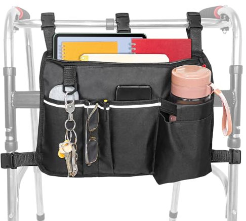 TONINT Large Walking Frame Bag with Cup Holder,Walker Tote Bag,Walker Basket,Folding Walker Attachment Hands-Free Storage Basket Mobility Aid Accessory Pouch for Elderly (Black-Large)