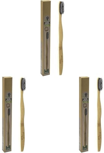Ökolution Bambus Zahnbürste, Griff aus nachwachsendem Bambus-Holz plastikfrei, Nylon-Borsten Medium, Borsten mit Aktivkohle behandelt für beste Sauberkeit, nachhaltige FSC-Kartonverpackung