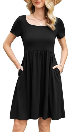 Zeagoo Women's Summer Dress Crew Neck Sundress Short Sleeve Casual Dresses Floral Knee Long with Pockets Solid Color Black L