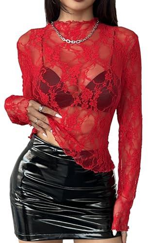Women's Mock Neck Floral See Through Shirt Tops Blouse Mesh Sheer Long Sleeve Lace Layering Tee Top Red L