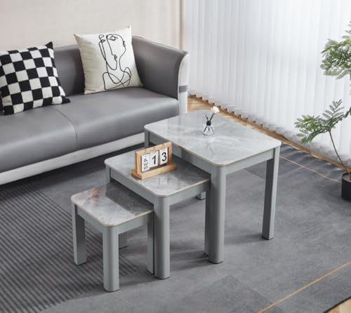 Modernique Ceramic Top Set of 3 Nest of Tables Sets in Black Grey & White (Grey)