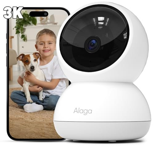 Alaga Caméra Intérieure, 3K, 360°, Wi-FI 2,4G et 5G, AI Détection de Mouvement, Vision Nocturne, Audio Bidirectionnel, Compatible avec Alexa et Google Assistant, Stockage Cloud de 3 Mois