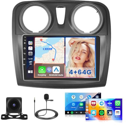 Hikity 4G+64G Android Auto Radio para Renault Dacia Sandero 2014-2017 Radio Coche 2 DIN Wireless Carplay Android Auto Pantalla Táctil de 9 Pulgadas con GPS WiFi FM/RDS 32EQ Cámara Mic