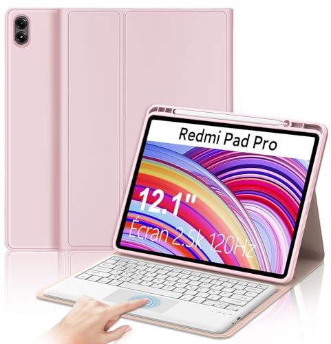 Clavier Redmi Pad Pro 12.1 2024/Xiaomi Poco Pad 2024, Clavier avec pavé Tactile AZERTY sans Fil Bluetooth Amovible pour Xiaomi Redmi Pro 12.1 2024, Rose