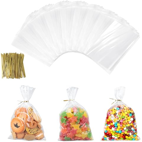 AiQInu 200 Stück Cellophantüten mit Goldene Krawatten, 15 x 10 cm Klein Zellophantüten Geschenkfolie Transparent, Süßigkeiten Tüten Kekstüten OPP Geschenktüten Durchsichtig für Kindergeburtstage