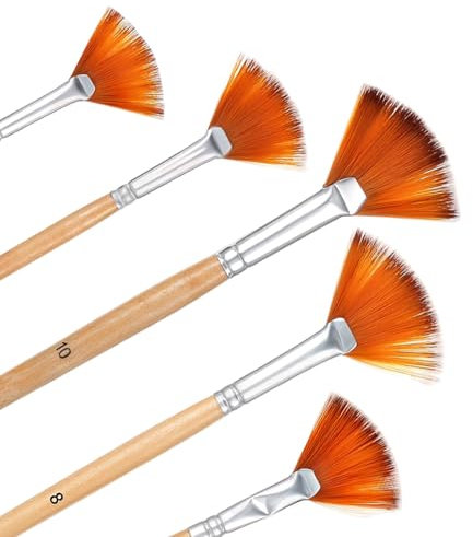 5Pcs Fan Brush Set, Soft Nylon Hair Fan Paint Brushes with Long Wooden Handle Professional Artist Drawing Tools for Acrylic Watercolor Oil Gouache Painting