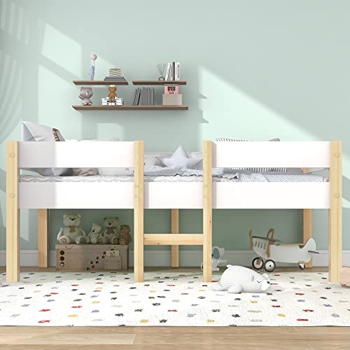 ZIDEY Kinderbett Halbhohes Bett 90x200 mit Leiter, Hochbett mit Rausfallschutz & Lattenrost, Jugendbett Einzelbett Holzbett Etagenbett, Weiß & Eiche, Ohne Matratze