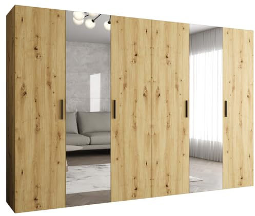 MEBLE KRYSPOL - Kleiderschrank - Garderobenschrank - 300 cm x 202 x 52 cm - Schrank mit Kleiderstange und Spiegel, 6 Türen - für Schlafzimmer, Flur - BARI, Artisan-Eiche, Griff Schwarz