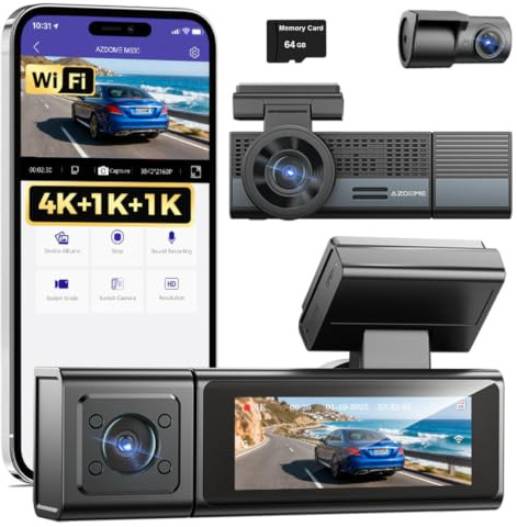 XRC TECH - Cámara de salpicadero de 3 canales para coches, grabadora de video de tres vías frontal interior y trasera 4K, DVR WiFi integrado, visión nocturna por infrarrojos, sensor G de grabación en