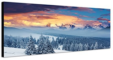 Keilrahmenbild Wandbild 150x50cm Ukraine Berge Wald Winter Schnee Wolken