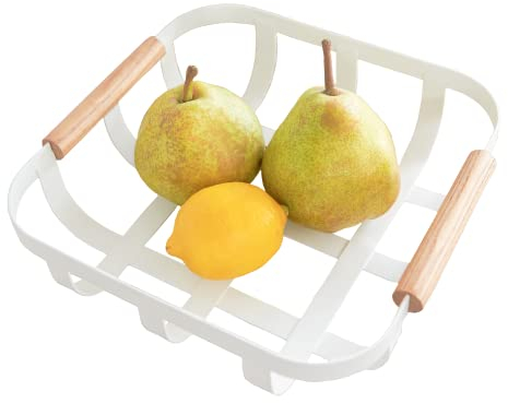 YAMAZAKI 2975 TOSCA Cesta de cocina, blanco, Acero/Madera, minimalista, 23.5 x 22 x 6 cm