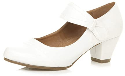 Womens Ladies mid Heel Mary Jane Strap Smart Work Comfort Court Shoes, White Matte, 8 UK