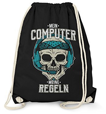 Fashionalarm Turnbeutel - Mein Computer - Meine Regeln | Fun Rucksack mit Totenkopf Motiv & lustigem Spruch PC Nerds Gamer Arbeit Beruf Job Büro, Schwarz One Size