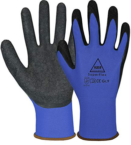 10 Paar Hase Superflex Arbeitshandschuhe mit Latexbeschichtung, Rutschfeste Gartenhandschuhe, Angenehmer, Ideal für Handwerk, Gartenarbeiten, Industrie Blau Gr. M (08)