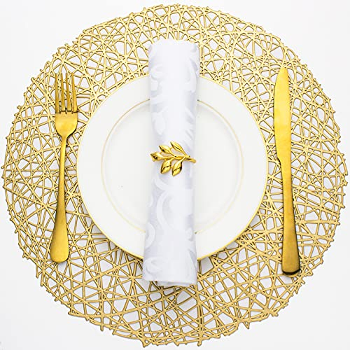 Evevda Gold Round Placemats for Dining Table Set of 6 - Metallic Pressed Vinyl Circle Mats, Wipeable Hollowout Place Mats for Decor, Holiday, Wedding Accent Centerpiece (Line, Gold)