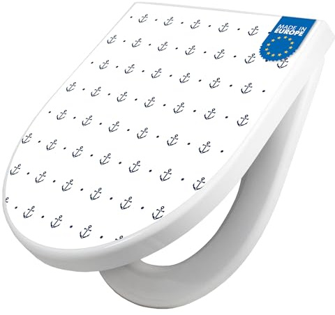 banjado WC Sitz mit Absenkautomatik D Form - Toilettendeckel mit Absenkautomatik D Form - Klodeckel Softclose - stabile Klobrille - Toilettensitz Weiß - Motiv Kleine Anker