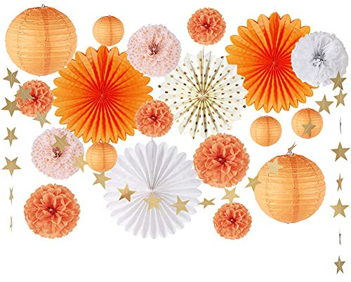 EASY JOY Orange Party Decoration Tissue Orange Paper Pom Poms for Women Hanging Paper Fans Lanterns Star String Hanging Garland for Wedding Baby Shower Birthday Party Supplies